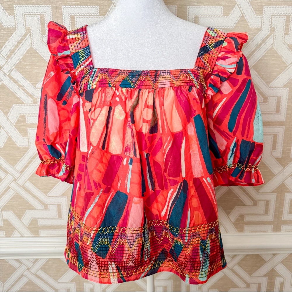 Marie Oliver size Small Colorful Puff Short Sleeve Geometric Embroidered Top S